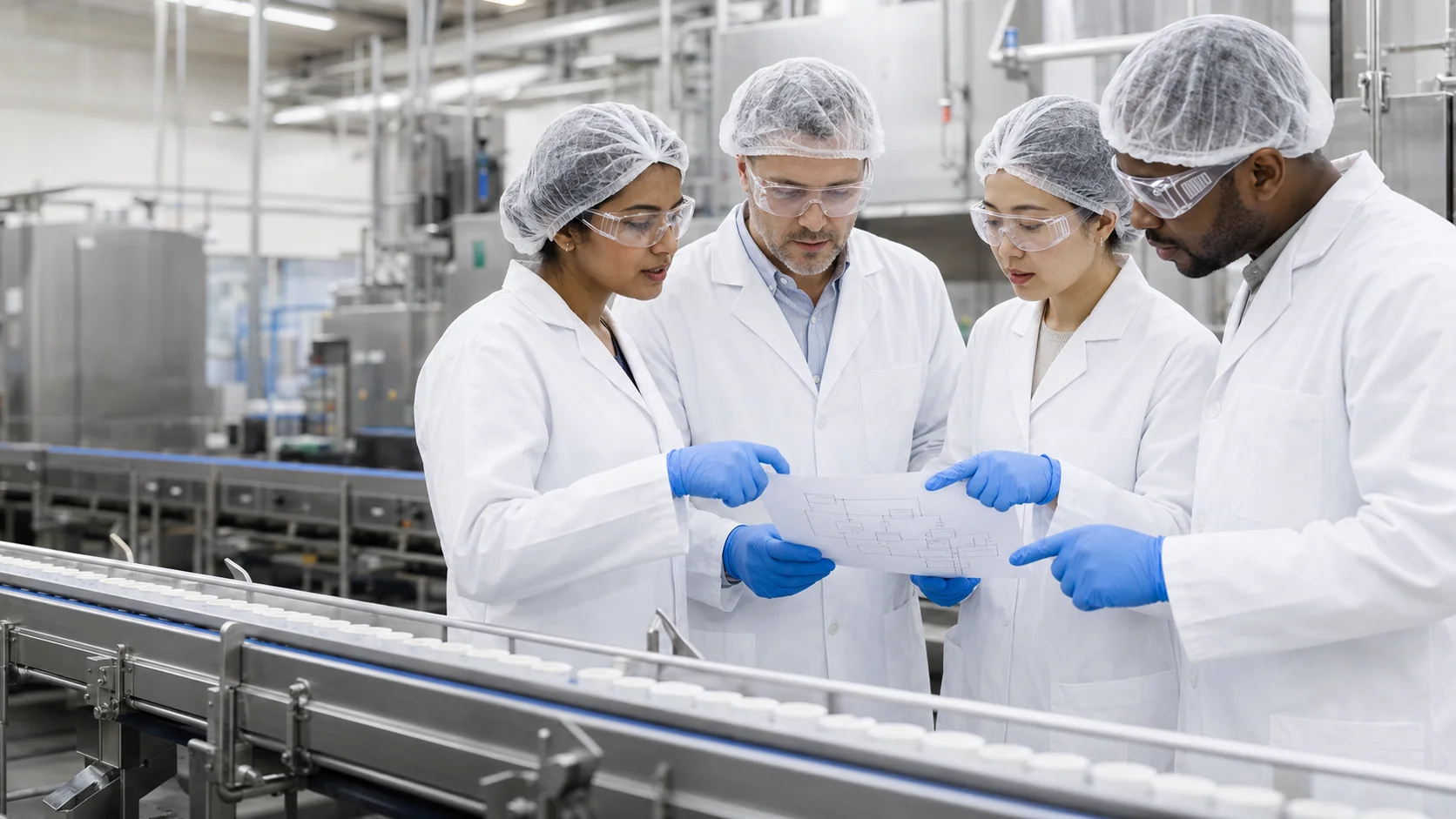 Illustrative food production team reviewing a process flow diagram
